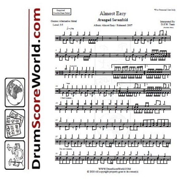Avenged Sevenfold - Almost Easy | Drum Sheet + Play-Along Track